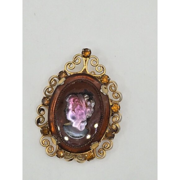 Vintage D & E Juliana Amber Glass Metallic Cameo Pendant Brooch ETC8018 Book - Picture 2 of 6